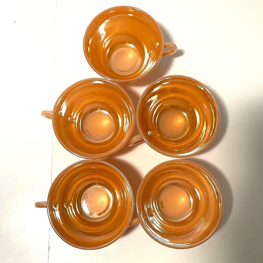 Vintage Fire King Peach Lustre Laurel Leaf Iridescent Cups and Saucers Set of 5 - Picture 2 of 16